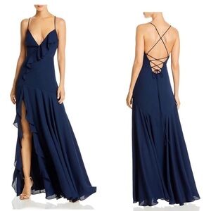 FAME AND PARTNERS CALLAIS WOMENS RUFFLE SLIT FORMAL DRESS